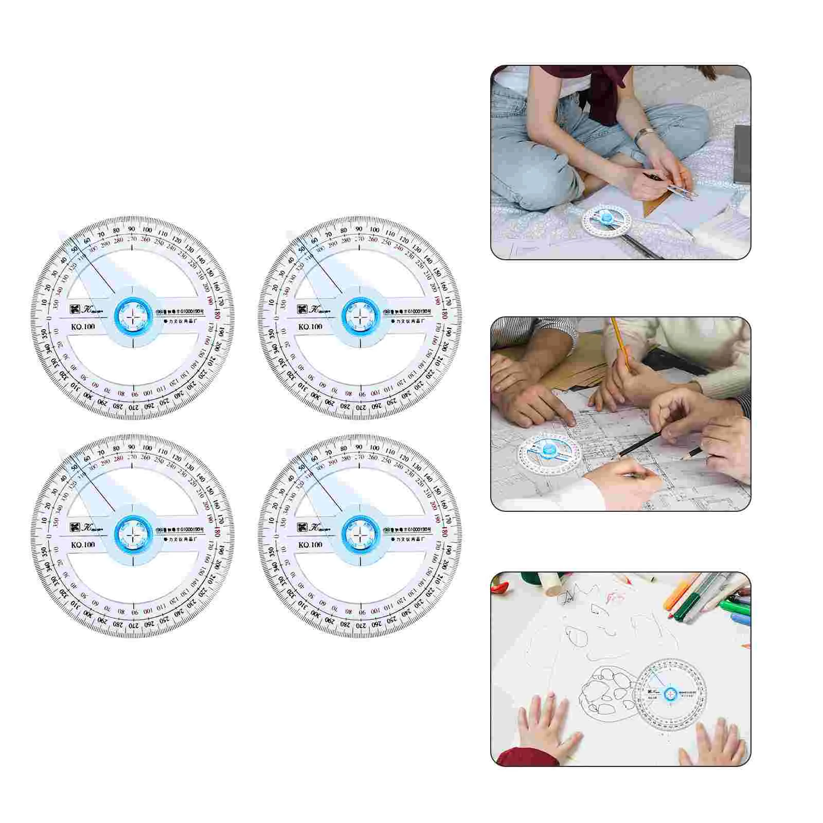 

4 Pcs Protractor Clear Ruler Tool Tape Plastic Circle Scale Drafting Multi-function Students Math Geometry