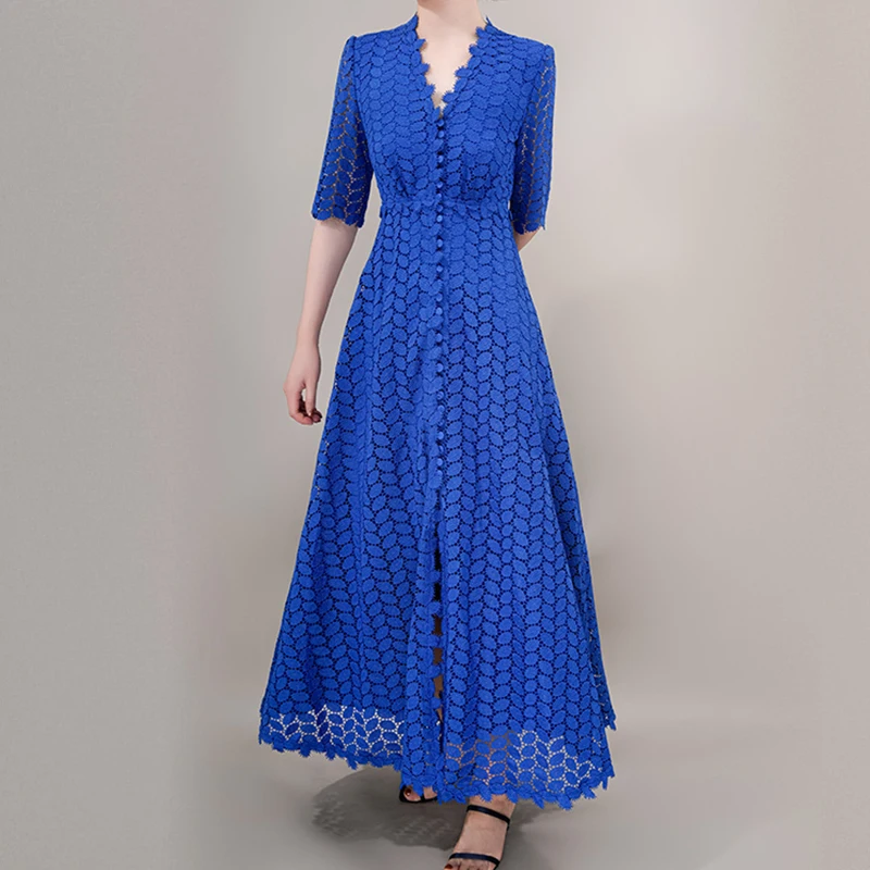 High Quality Runway Designer Blue Lace Dress Women 2023 Summer Vintage Elegant V-neck Short Sleeve Pleated Long Dresses Female