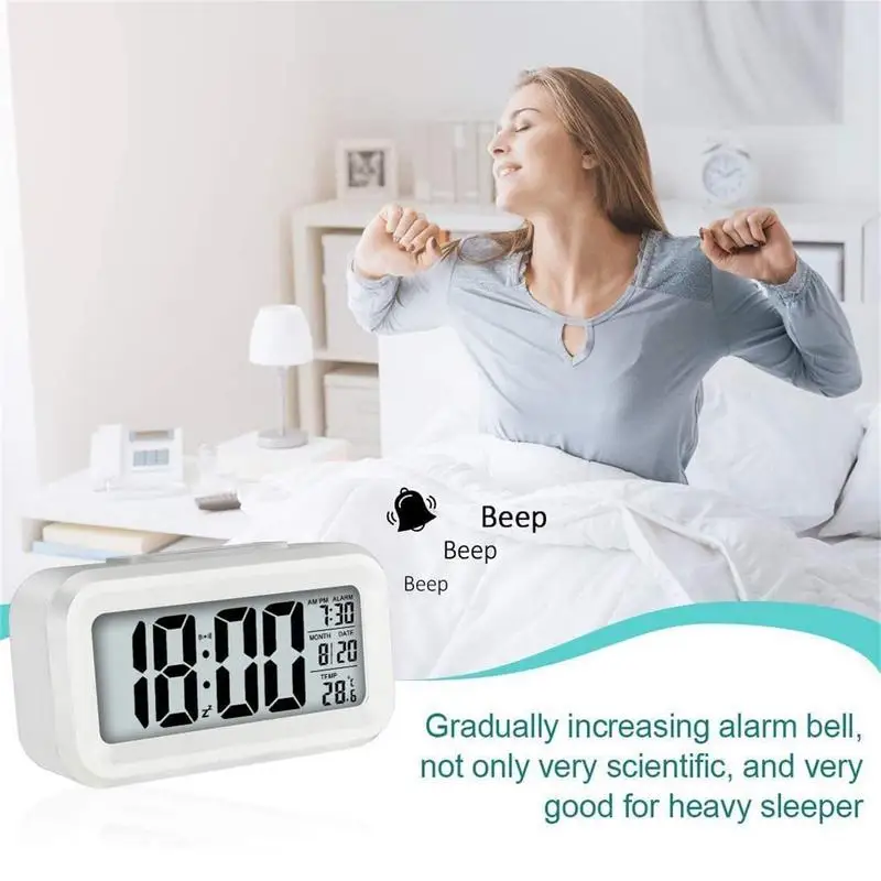 

Digital Alarm Clock Led Clock With Smart Light Control Silent Radios Room Equipment For Heavy Sleepers Children Teenagers Use