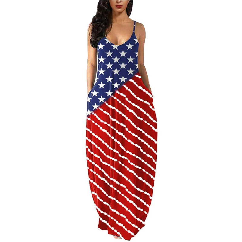 

Elegant Suspenders Dress Women Sleeveless Casual American Flag Printed Independence Day 2022 Summer Fashion Sling Maxi Dresses