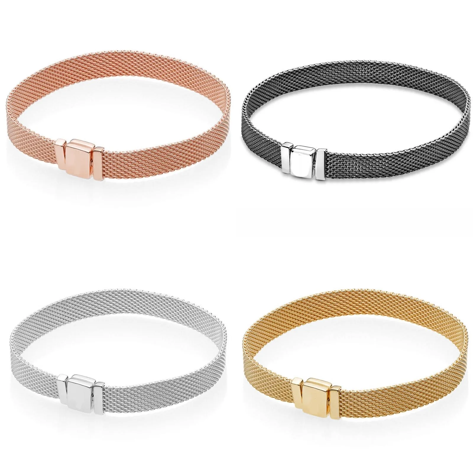 

Authentic 925 Sterling Silver Moments Rose Gold Reflexions Mesh Bracelet Bangle Fit Bead Charm Diy Fashion Jewelry