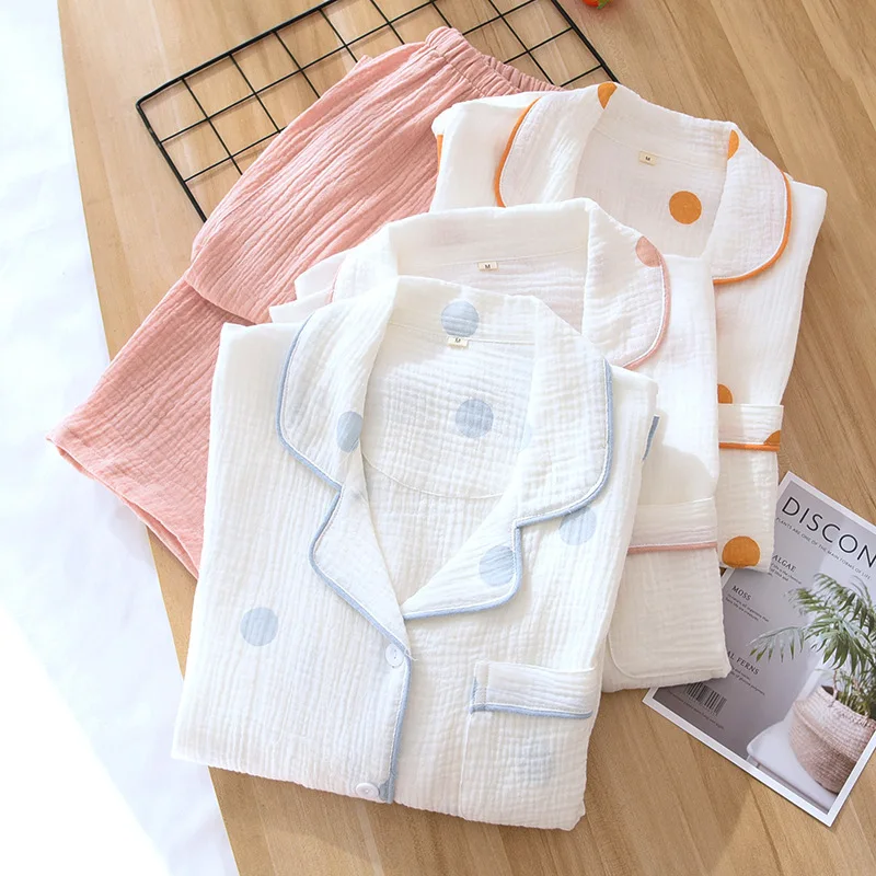 Women Sleepwear Pyjama Set Dot Contrast Lapel Pajamas All Seasons Soft Cotton Crepe Long Sleeve Homewear Lounge Nightwear Suit