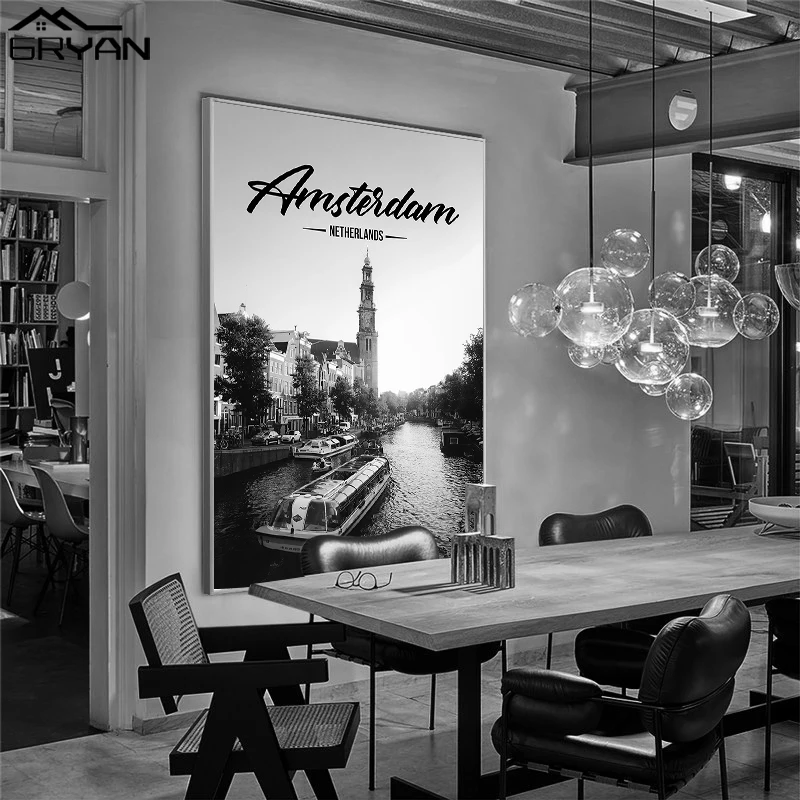 Черно-белый настенный плакат с изображением известных европейских городов