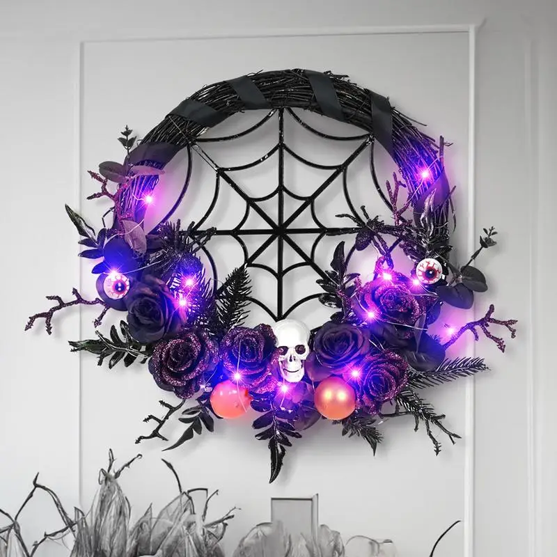 

Halloween LED Lights Spider Web Eyeball Skull Wreath For Front Door Decor Battery Operated Skeleton Roses Black Wreath Halloween