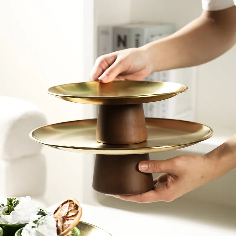 Тарелка с фруктами на высоких ножках из нержавеющей стали простая деревянная