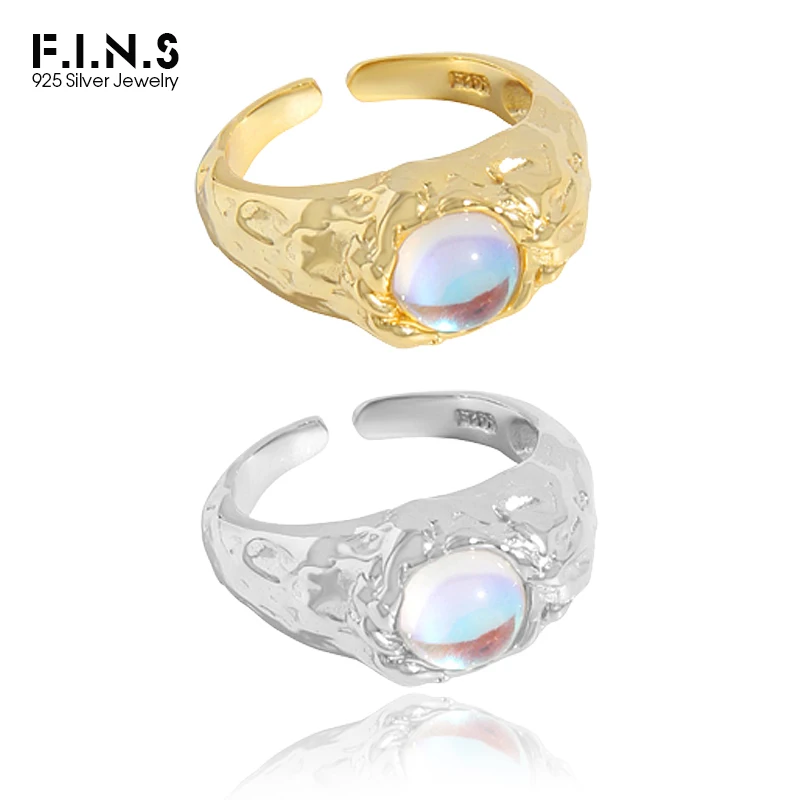 

F.I.N.S Luxury S925 Sterling Silver Rings Irregular Uneven Surface Round Moonstone Finger Ring Silver 925 Fine Jewelry