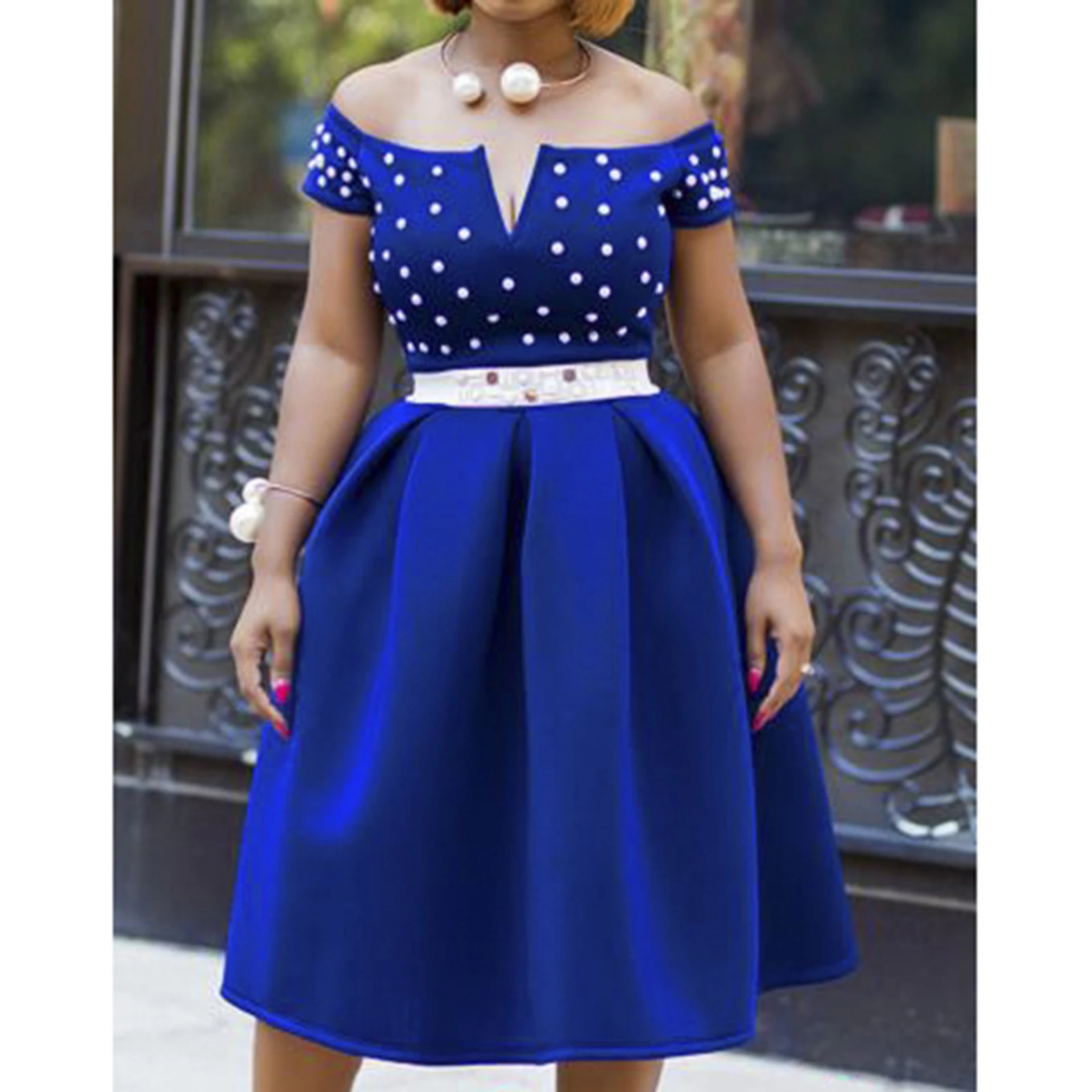 

Summer Bead Dress Women's Clothing Fashion Off The Shoulder Banquet Party Dress Folds Blue Africa Large Shirt Dress Grace Eam
