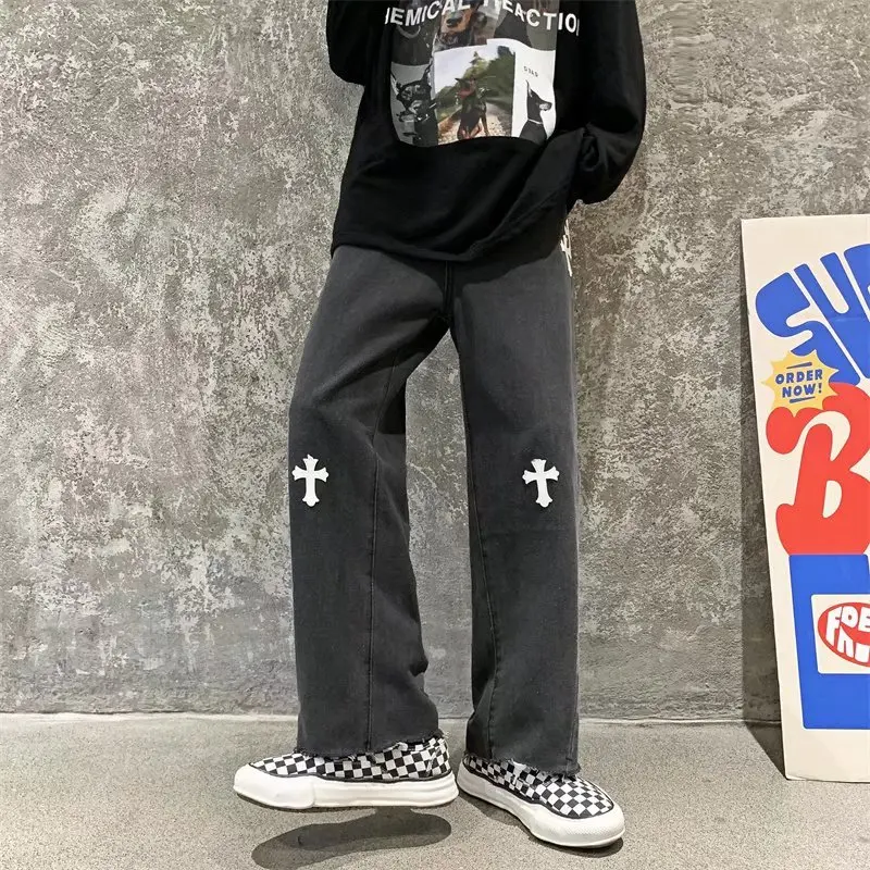 Four Seasons Trousers Men's Jeans High Street Denim Cross Straight Loose Pants Fashion Streetwear Boyfriend Jeans Ins Hot Sale