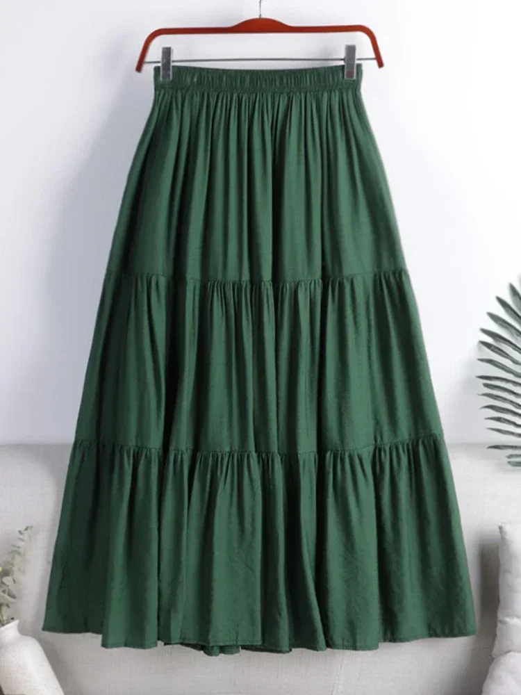 Хлопково-льняные повседневные длинные юбки трапециевидной формы с эластичной