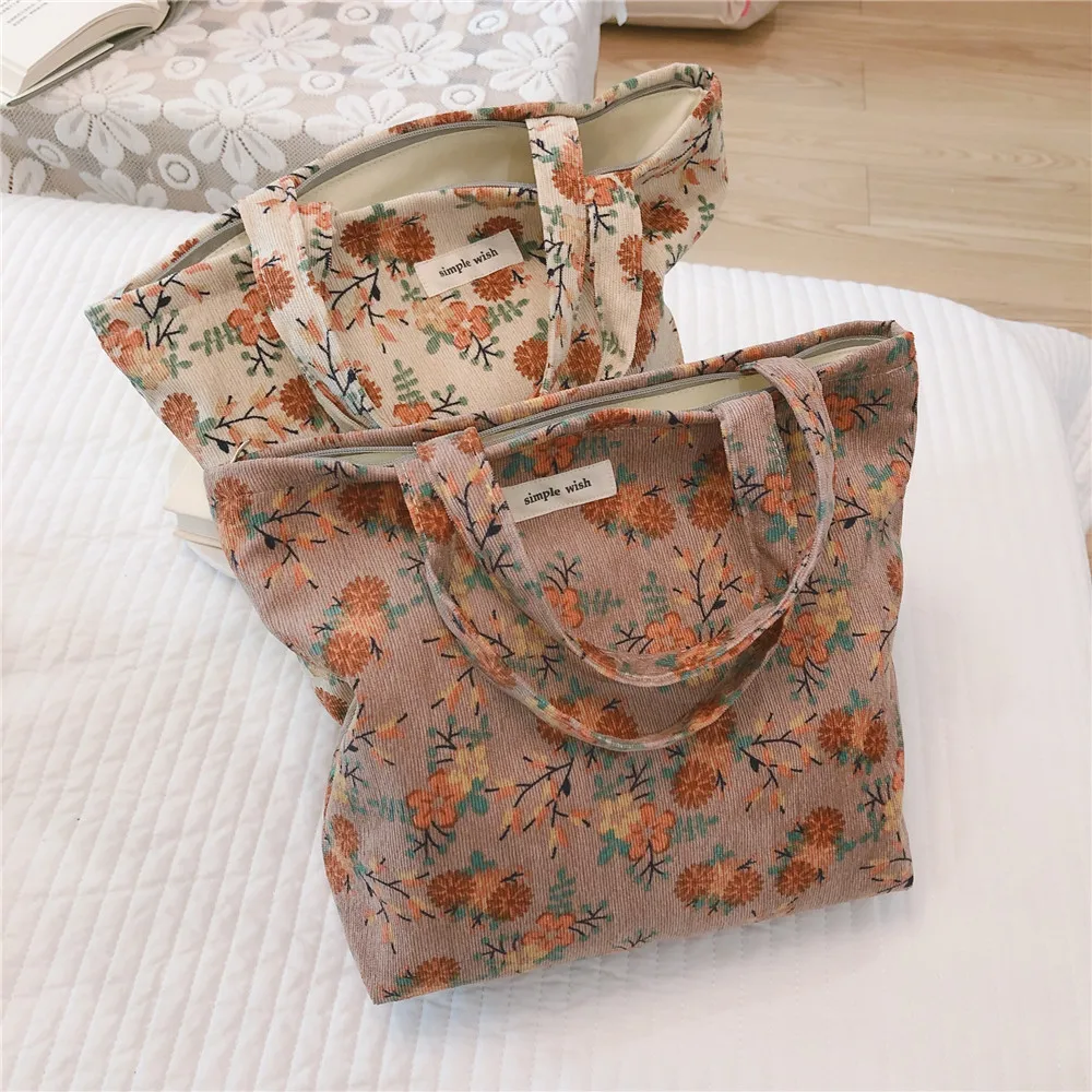 

Small Size Teenager Vintage Corduroy Fabric Floral Top-handle Tote Bag Female Retro Chic Cloth Cute Grocery Everyday Handbag