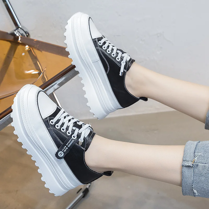 

Genuine Leather Platform Wedge Shoes Chunky Sneaker White Casual Shoes Comfortable Breathable Spring Autumn Shoes