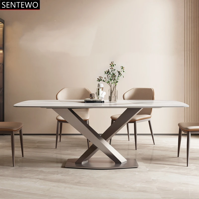 

Ltalian Luxury Rock Slab Dining Table Chairs Set Stainless Steel Rose Gold Frame Faux Marble Table Furniture Mesa Mobilador