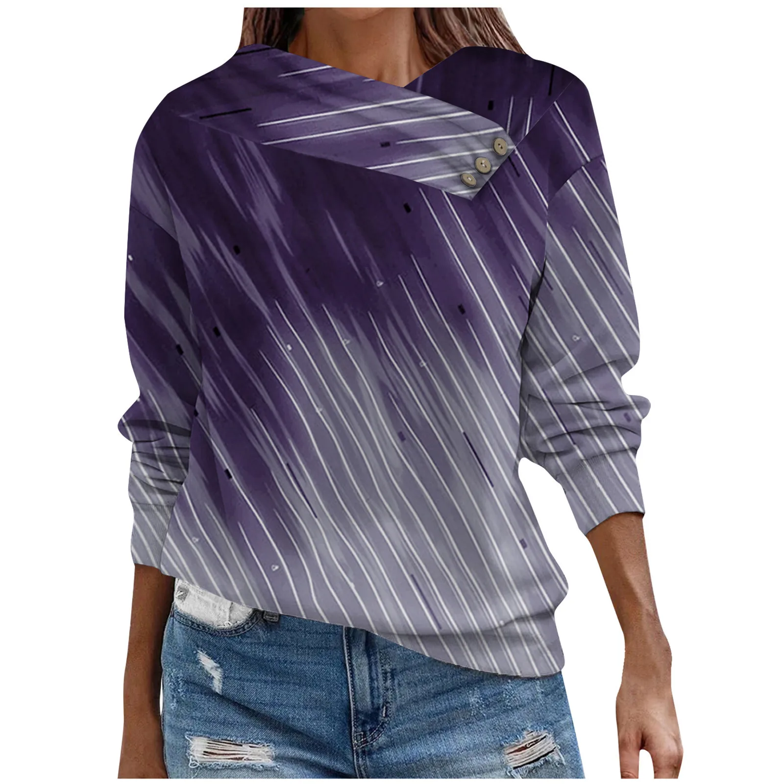 

Женские свободные свитшоты, модный топ с полосатым принтом, Повседневная футболка с длинным рукавом, декоративными пуговицами и необычным воротником, Женский свитшот