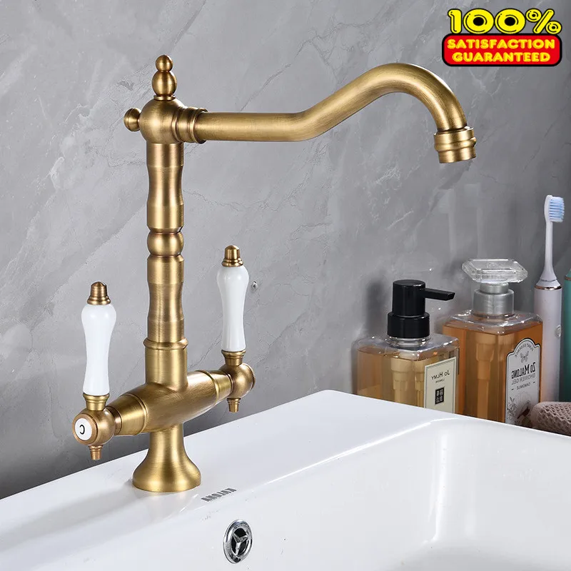 

Q26 Antique Brass Basin Faucet Deck Mounted Single Handle Bathroom Copper Luxury Long Spout Lavatory Sink Hot Cold Mixer Tap