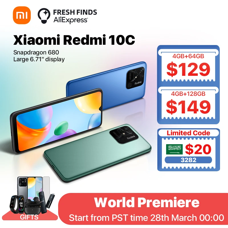  Смартфон Xiaomi Redmi 10C, 4 + 64/680 ГБ, 128 дюйма, 50 МП 