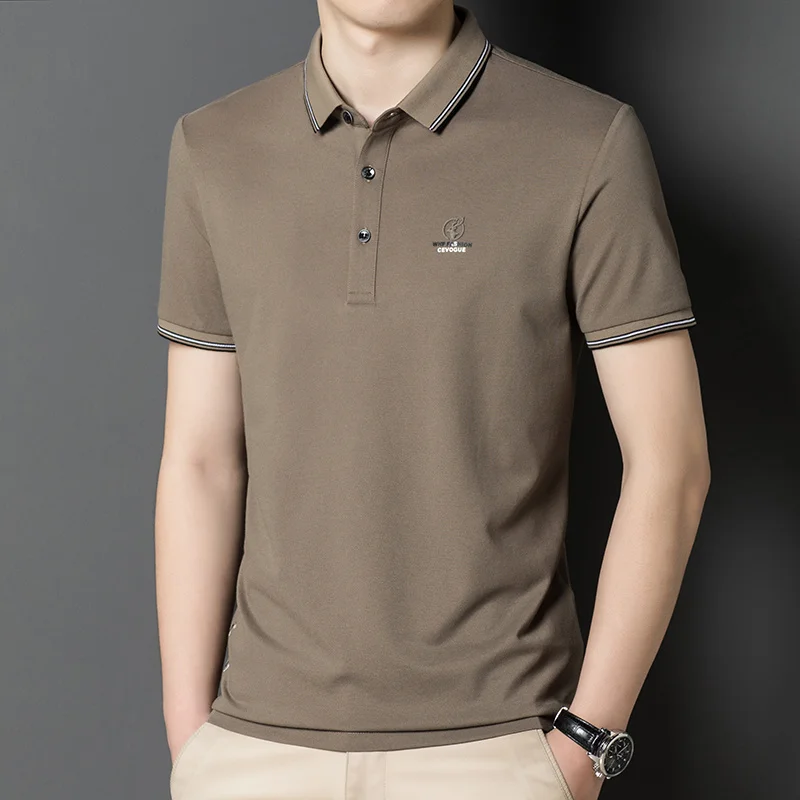 

Летняя мерсеризованная Хлопковая мужская футболка с коротким рукавом, летняя Модная тонкая рубашка-поло с отворотом, топ с коротким рукаво...