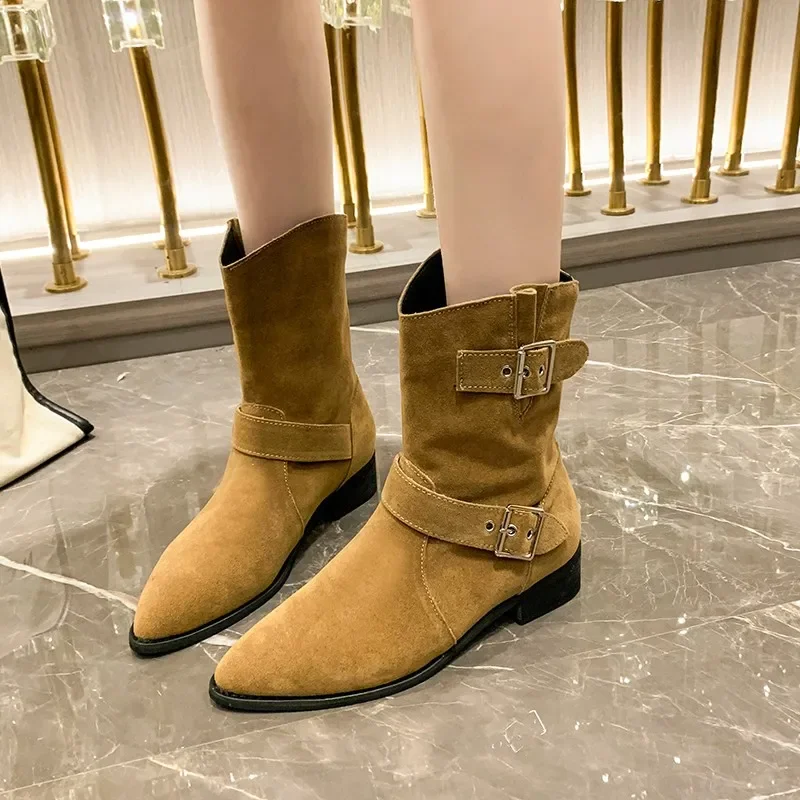 

Женские ботинки без шнуровки, с острым носком, на низком каблуке