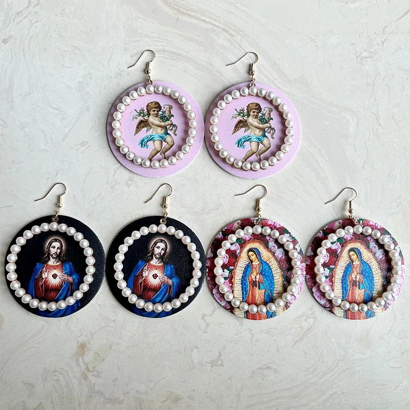 

Virgin Mary Exquisite Pearl Circle Leather Earrings for Girls Easter Christ Print Round Earring Valentine's Day Jewelry Gift