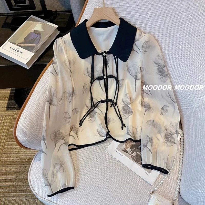 Рубашка с чернильным принтом прозрачные шифоновые топы женская блузка Тонкая