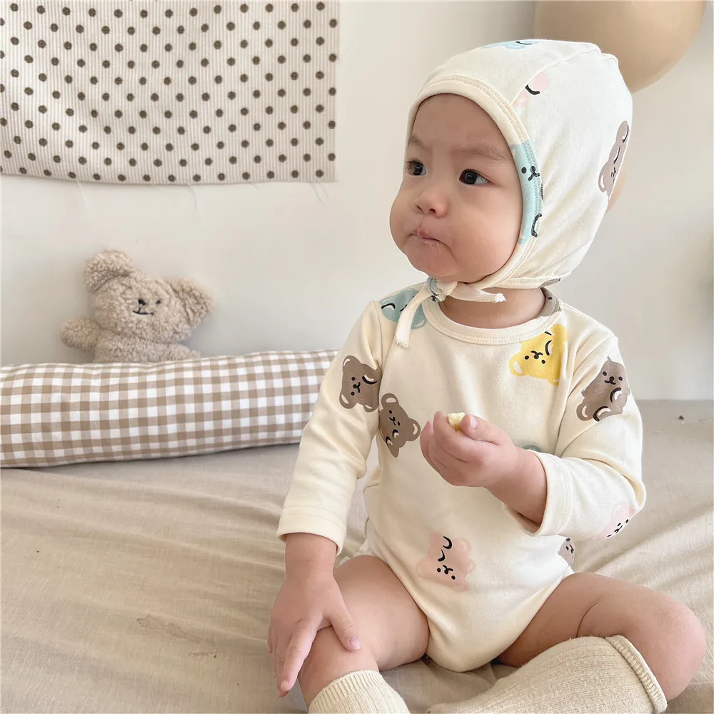 

2022 Spring New Baby Boys Cartoon Print Long Sleeve Bodysuit + Cute Hat 2pcs Baby Girls Outfits Cotton Toddler Jumpsuit