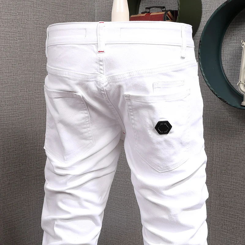 Fashion Designer Men Jeans High Quality Stretch Slim Fit White Jeans Men Elastic Trousers Vintage Casual Denim Pants Hombre