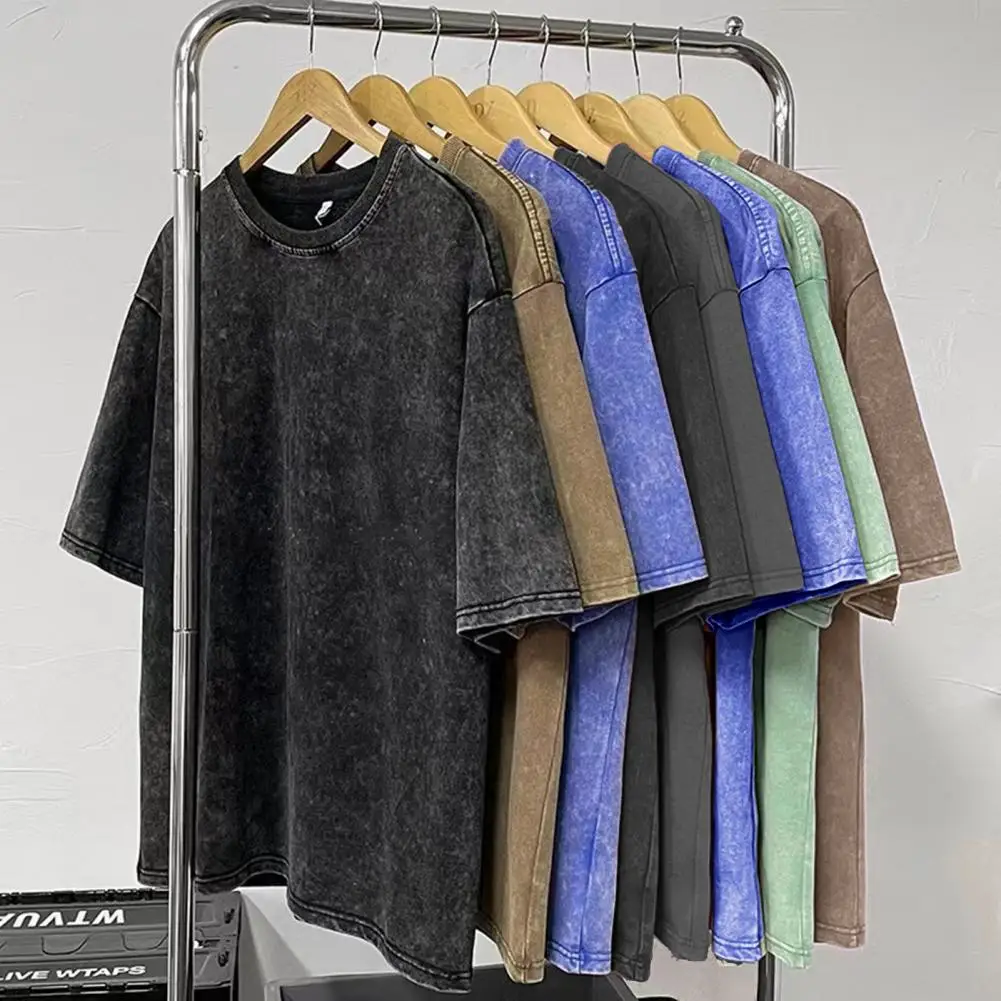 

Men T-shirt Solid Color O-Neck Half-sleeves Breathable Moisture Wicking Summer Distressed Vintage Casual Top футболка оверсайз