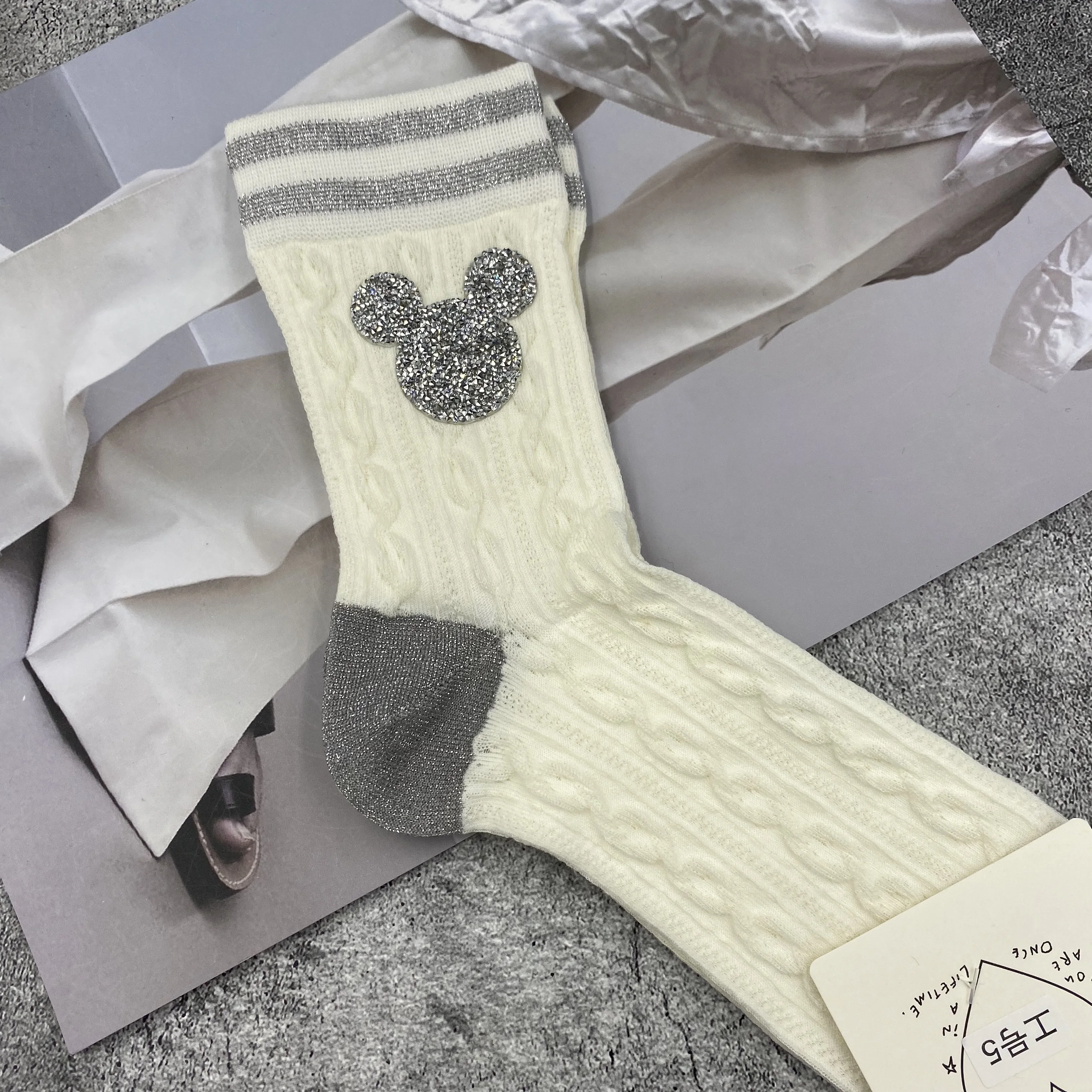 Bright Drill Silver Silk Striped Spring Summer Women Socks 2023 New All-match Net Red Casual Students Middle Tube Stockings