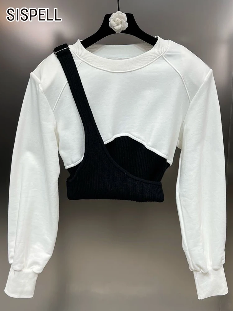 

SISPELL Hit Color Sweatshirt For Women Round Neck Long Sleeve Patchwork Vest Knitting Loose Sweatshirts Female Autumn Clothing