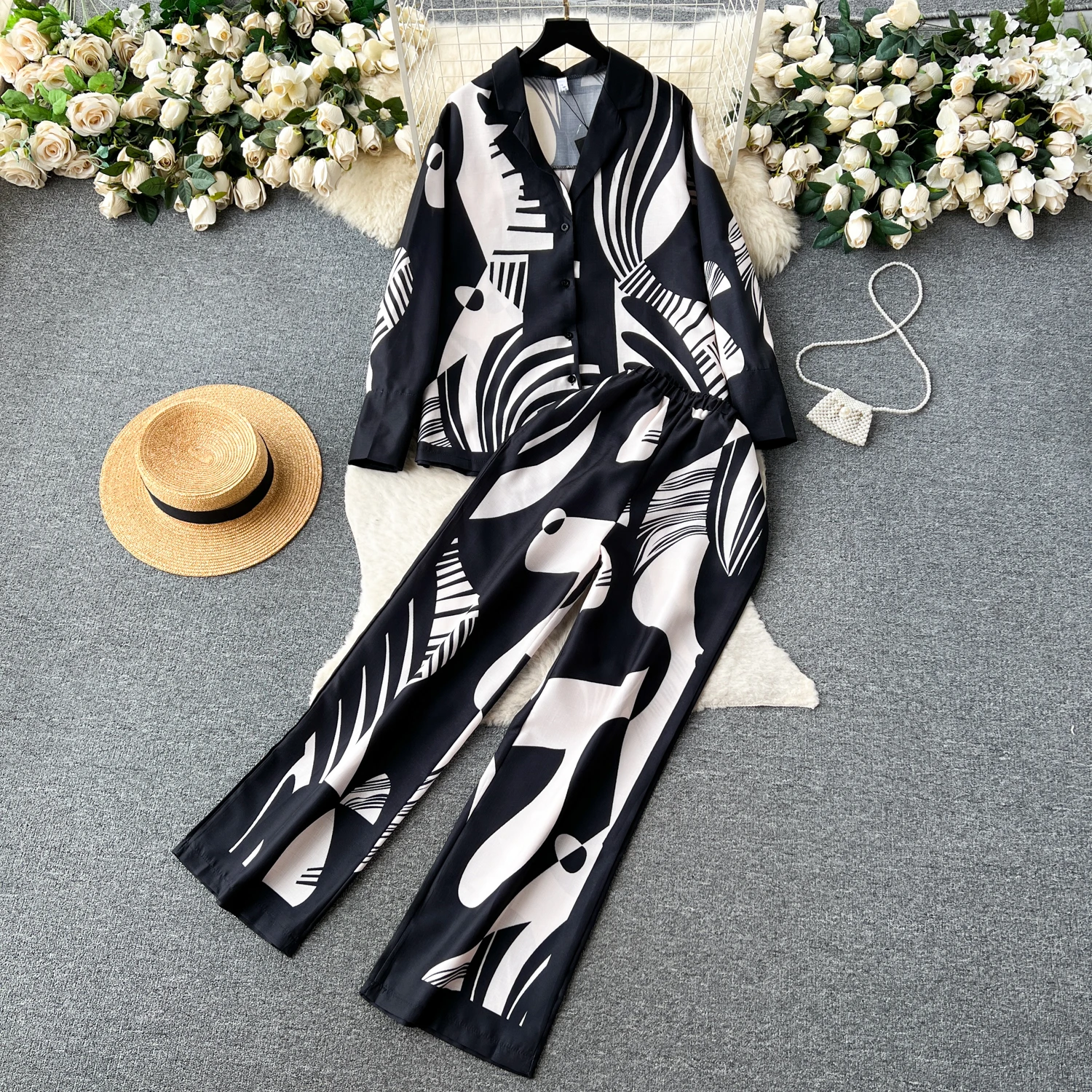 

Clothland Women Black Print Blouse Pants Suit Long Sleeve Shirt Elastic Waist Wide Leg Trousers Retro Two Piece Set TA200