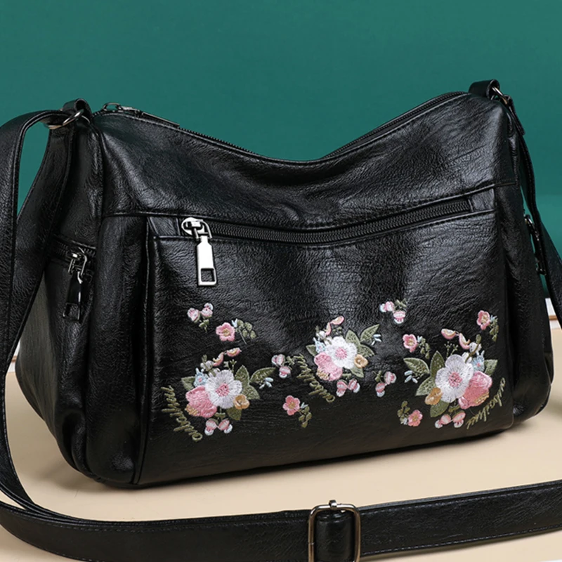 

Женские квадратные черные сумочки, моющаяся кожаная женская сумка через плечо с несколькими карманами, китайские женские сумки через плечо с цветочной вышивкой