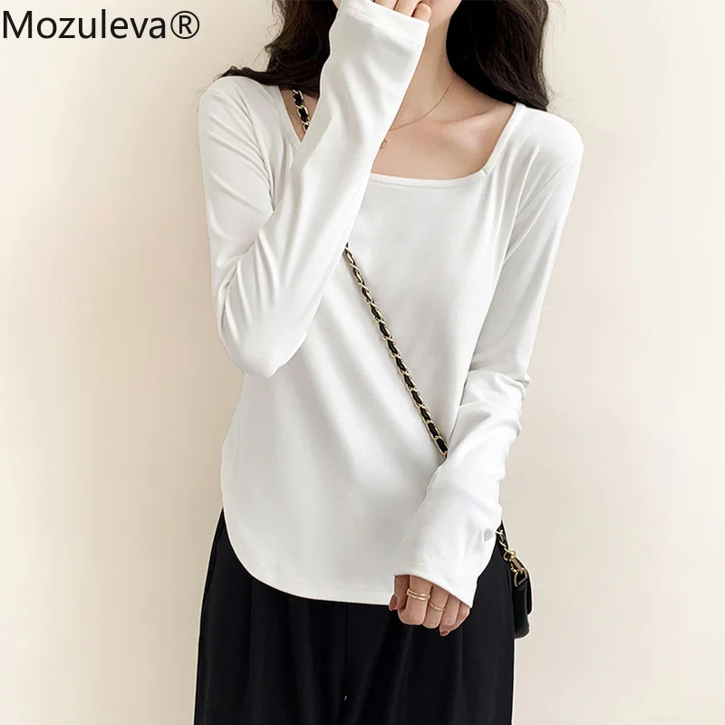 

Mozuleva New 2022 Women's Spring Autumn T-shirt Bottoming Basic Square Collar Full Sleeve Solid Lady Casual Tops Cotton Tees