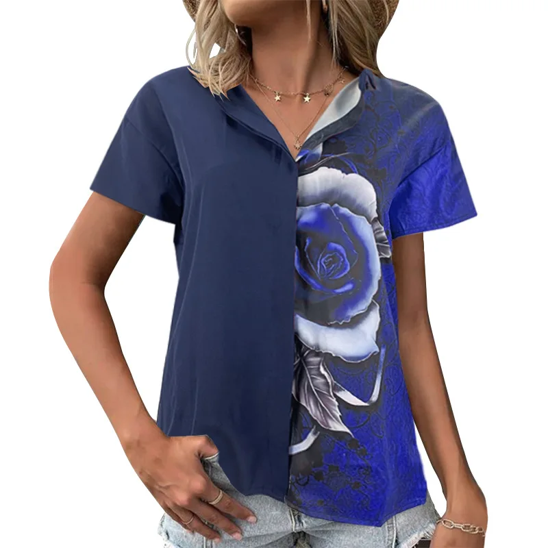 

New Fashion Patchwork Turn Down Collar Blouse Women Casual Short Sleeve Tops Blusa Office Lady Elegant 3D Rose Shirt Pullover