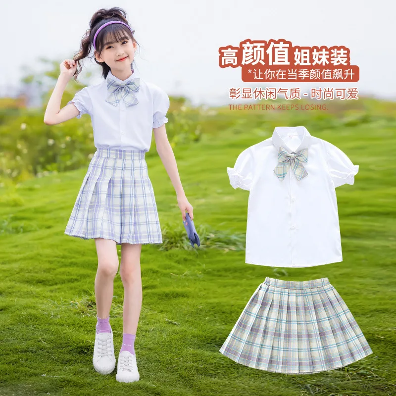 

summer Ruffle sleeve Girls Clothes teenager sailor bow blouse shirt + plaid shorts JK skirt uniform 4 5 6 7 8 9 10 11 12 years