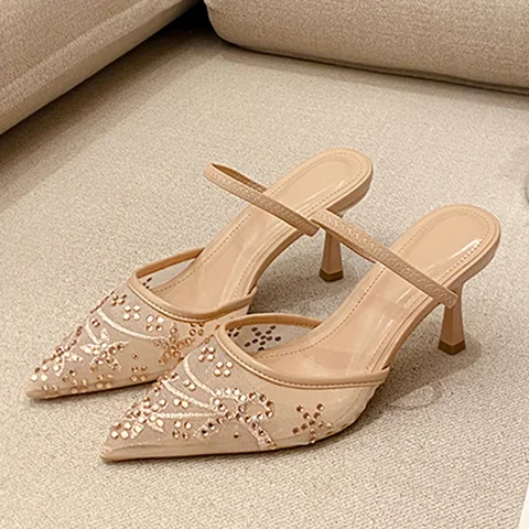 Eilyken/2026, новые весенние модные шлепанцы из ткани с кристаллами и сеткой на тонком низком каблуке, женские туфли-лодочки с острым носком, вечерние туфли-мюли для выпускного вечера