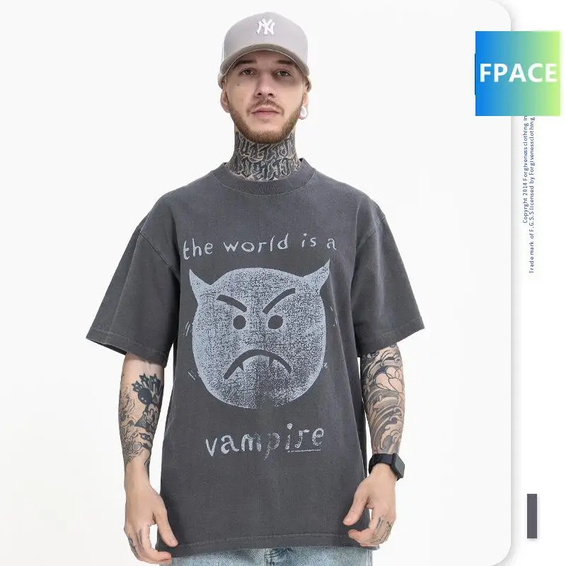 

Men's Clothing | 2022 Summer New Trendy Brand High Street Washing Vintage Little Devil Vintage Print Short Sleeves T-shirt