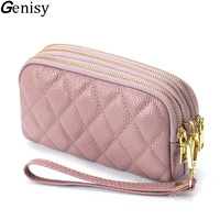 female genuine leather chic clutch bag new women coin money bag three layer zipper cosmetic wristlet wallet lady cellphone purse