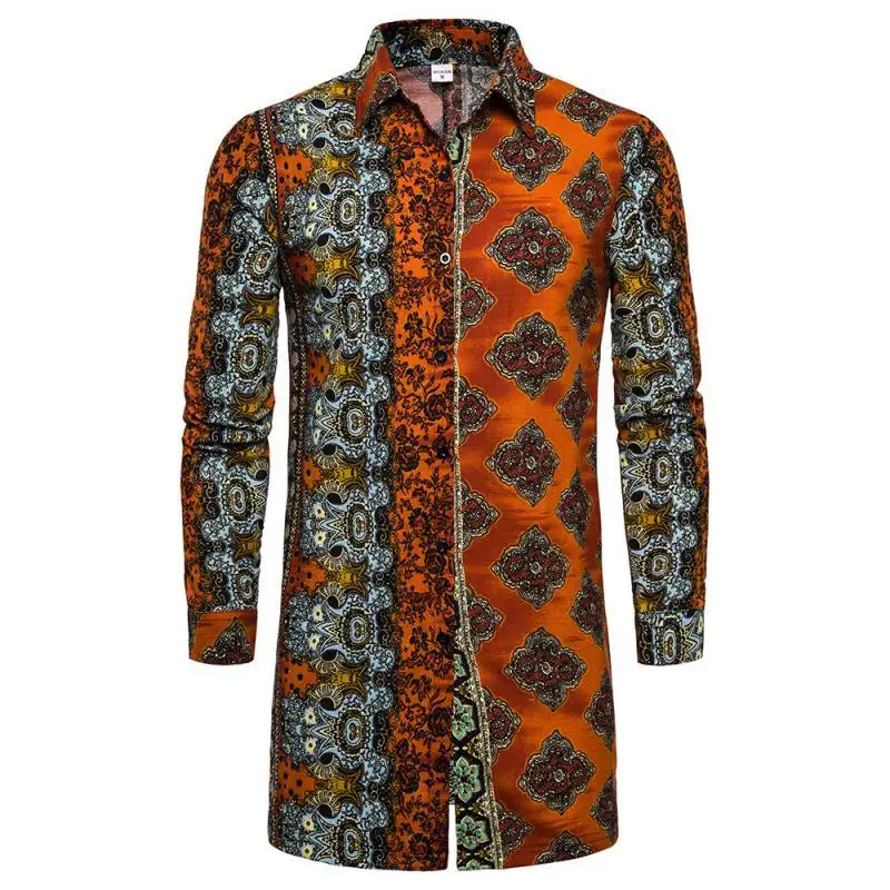 

Men's National Style Shirts Fashion Casual Printed Floral Long Sleeve Button Shirt Top Blouse High Quality Brand M-3Xl