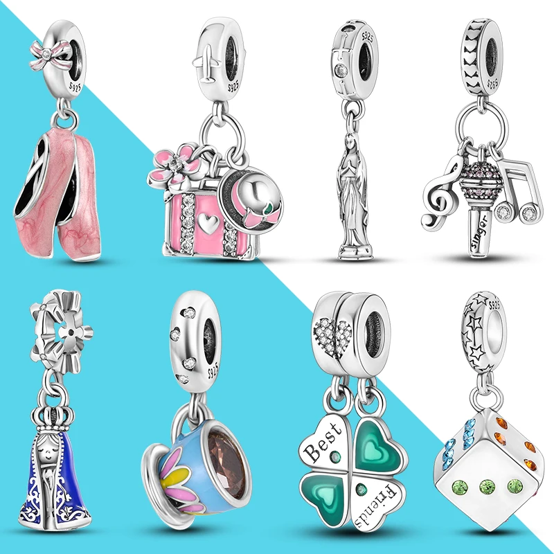 

925 Silver Coffee Dangle Charm Fit Original Chain Bracelet DIY Lucky Dice Four Leaf Clover Virgin of Guadalupe Motif Pendant