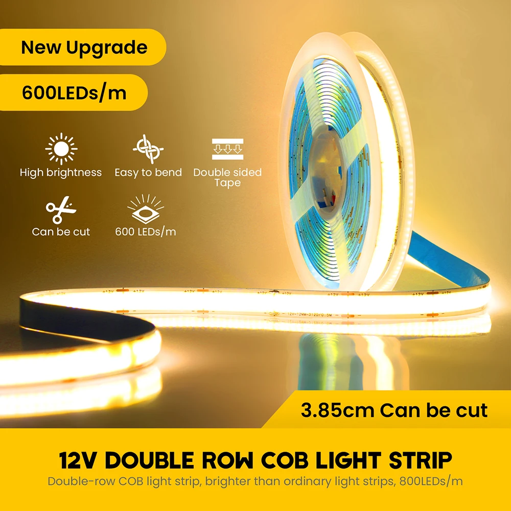 Светодиодная лента COB 600 LED, 12В24В, гибкая, высокой плотности, линейное освещение, теплый белый свет, RA90, для домашнего декора, 0.5м, 1м, 2м, 5м (art.: 3920daeedc601) - 3920daeedc601