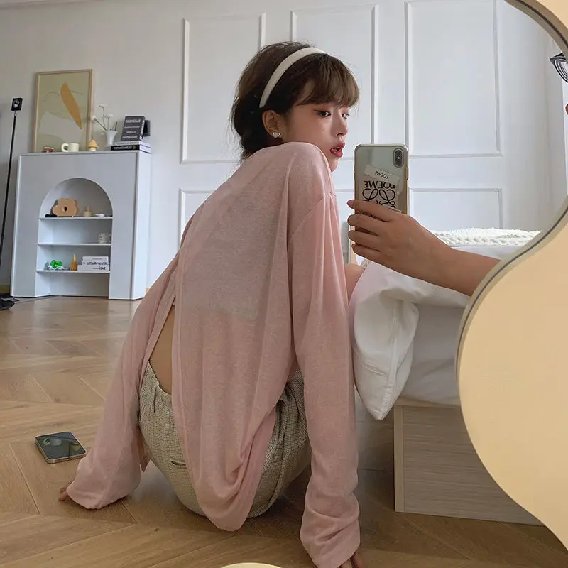 

Deeptown Casual Solid Women T-shirts Pink Oversized Korean Fashion Long Sleeve Tees Sweet Sexy Mesh Tops Female Sunscreen Chic