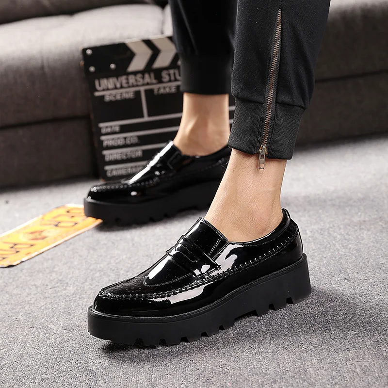 

men's fashion party banquet footwear black platform shoes slip-on driving shoe trend patent leather loafers gentleman sneakers
