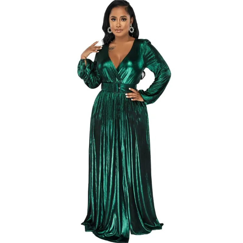 

Elegant Party Dress Fashion Sexy Deep V Neck Long Sleeve Maxi African Dresses For Women Solid Ankara Robes Fall Winter With Belt
