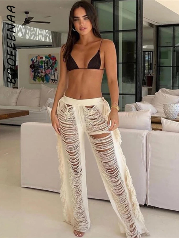 BOOFEENAA Sexy Hollow Out Hole Knitted Pants with Fringe on The Side Beach Cover Up Vacation Bottoms Fall Trousers C87-FG52