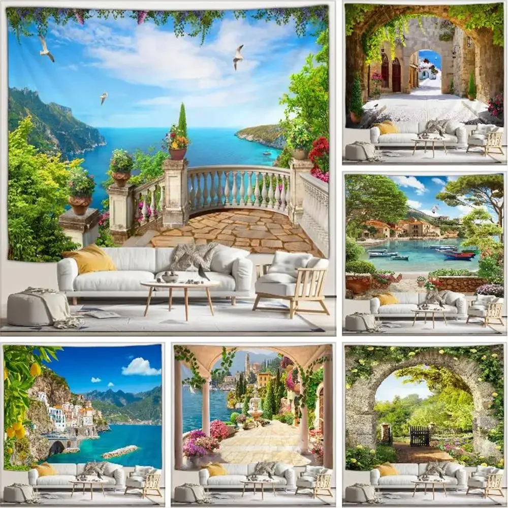 Средневековый арочный уличный гобелен в старом греческом городке