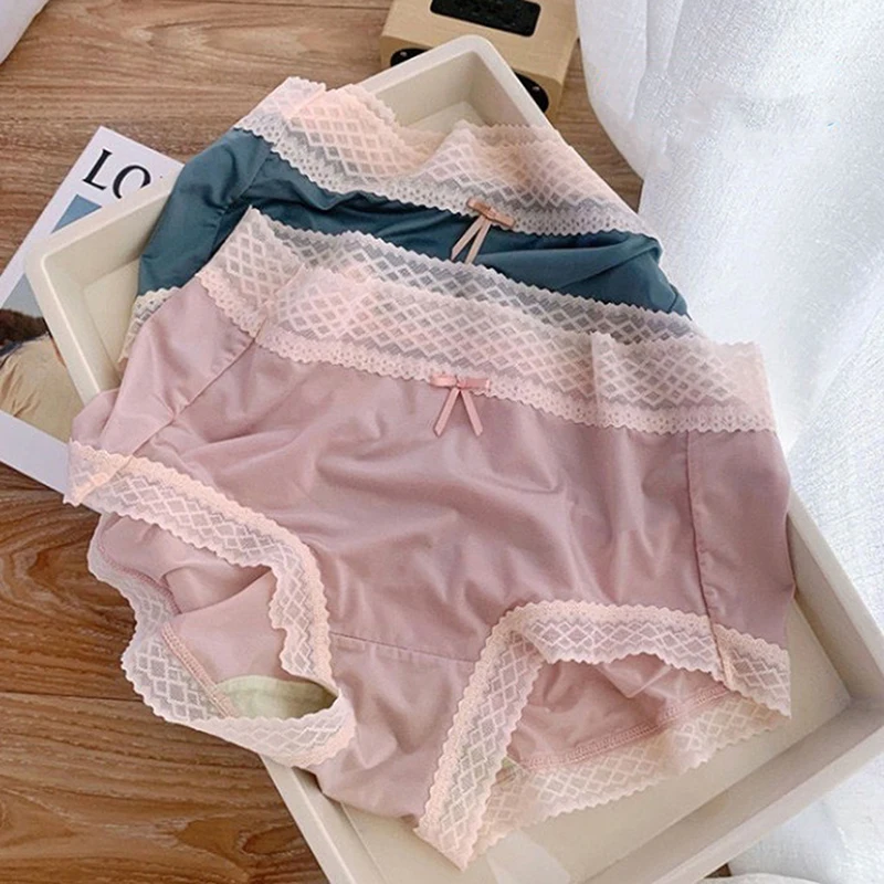 

Ultra-thin Sexy Ice Silk Quick-drying Panties Cute Girl Comfort Briefs Summer Fashion Bow Lace Underpants Female Lingerie