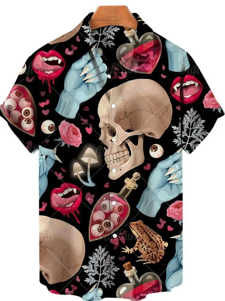 

Рубашка мужская с 3D-принтом черепа, повседневная винтажная свободная пляжная сорочка в стиле хип-хоп, гавайская с короткими рукавами, больш...