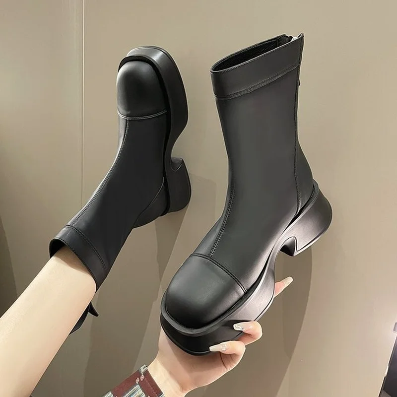 Women Ankle Boots Fashion Thick Heels Spring Winter Casual Outdoor Side Zipper Shoes Woman Leisure Stretch Boots 2022