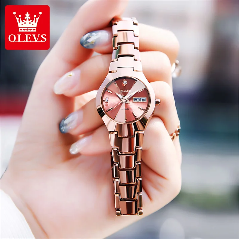 OLEVS 2023 New Fashion Tungsten Steel Silver Women Watches Luminous Hands Waterproof Quartz Watch with Week Calendar Women Watch