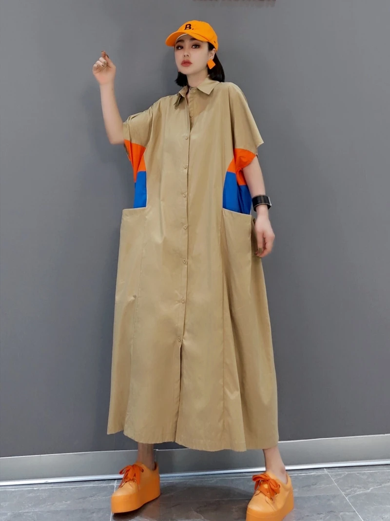 

SuperAen 2022 Spring New Fashion Loose Turn Down Collar Shirt Contrast Color A-LINE Ankle-Length Dress for Women
