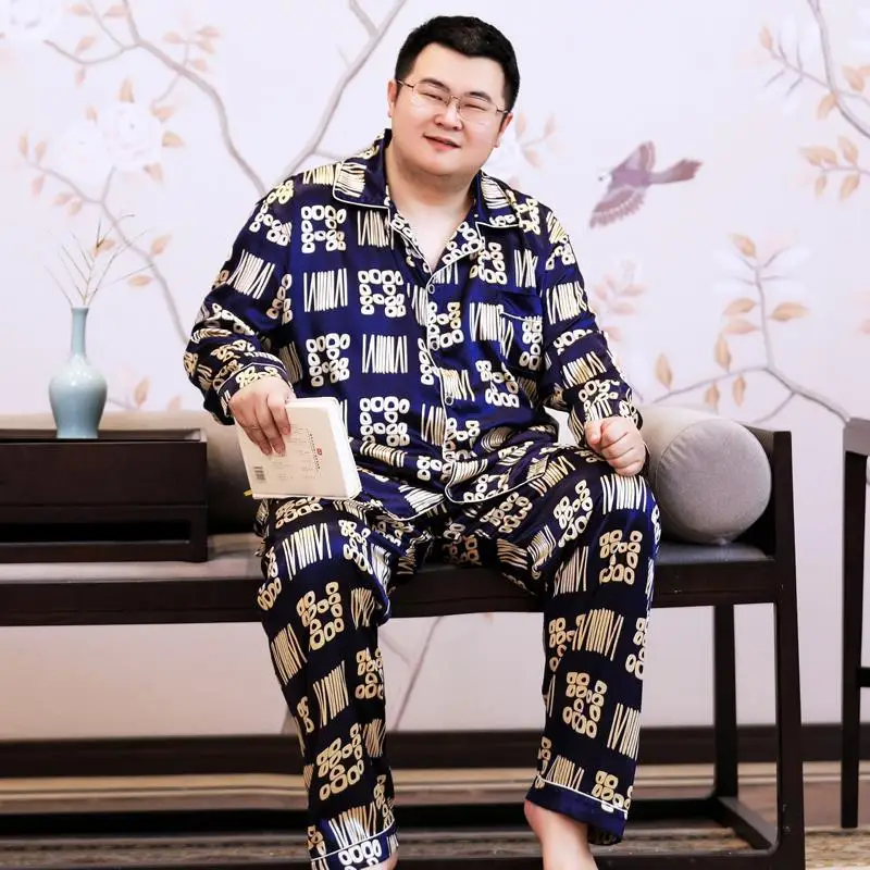 Summer big yards pajamas men long sleeve ice silk thin type of fertilizer increased silk leisurewear suit loose fat